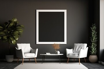 Above the waiting room with two chairs and a coffee table is a blank white poster on a dark wall. Mockup. Generative AI