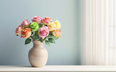  On a pale pastel wall, a white window sill showcases a white vase containing a medley of colorful roses.  Generative AI