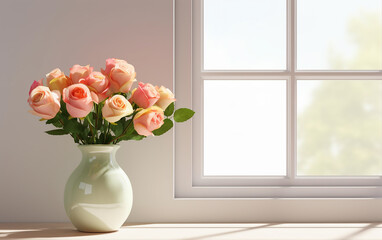 In front of a pale pastel wall, there sits a white window sill adorned with a white vase overflowing with vibrant roses.   Generative AI