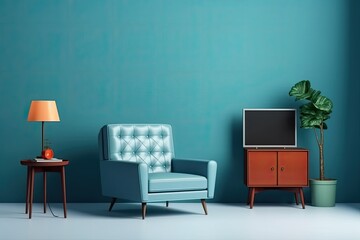 Interior of a living room with a chair and a television against a blank blue wall. Generative AI