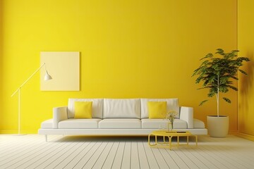 Yellow room with white sofa that is empty. Minimalist design idea. Generative AI