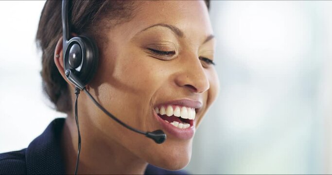 Business woman face, call center worker and communication in a phone consultation with a smile. Consulting, telemarketing and African female person with customer service and web support with talk