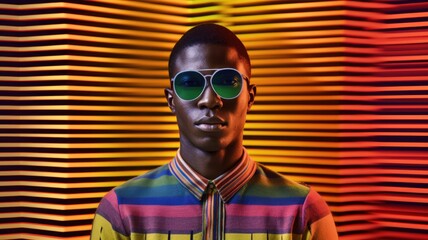 Young male model posing with trendy man fashion outfit and colorful orange optical art abstract background. Picturesque generative AI