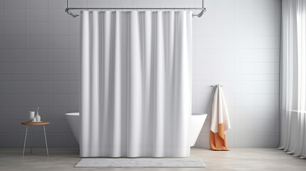 Mockup of a white shower curtain that is closed and half-turned. Interior mock-up of a bathroom with an empty liner shade. For a bath d�cor template, a clear waterproof polyester cover Generative AI - obrazy, fototapety, plakaty