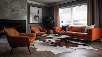 Living room decor, home interior design . Modern Mid-Century style with Fireplace decorated with Concrete and Leather material . Generative AI AIG26. - obrazy, fototapety, plakaty