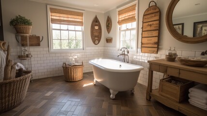 Interior design of Bathroom in Farmhouse style with Clawfoot Tub decorated with Subway Tile, Wicker Basket material. Farmhouse architecture. Generative AI AIG24.