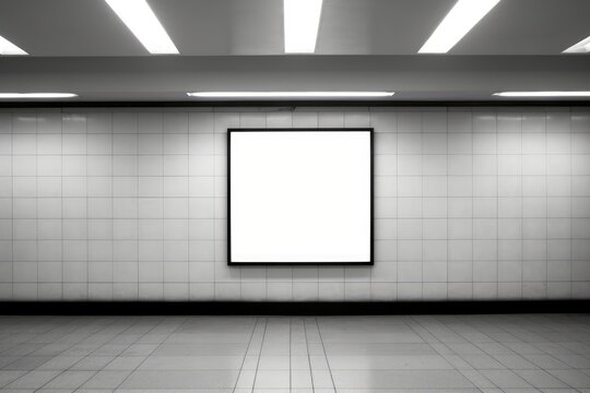 a blank empty canvas poster screen board hanging on a wall at a railway station. Generative AI