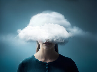 Female model with head full of smoke clouds. Contemporary art, brain concept -Generative Ai