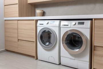 A white and beige laundry room with modern appliances that blend seamlessly with the overall design. High-tech washer and dryer set that saves time and energy. AI Generative.