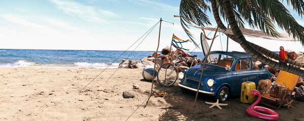 Cute blue retro car with summer accessories and palm tree on beautiful tropical sand beach. Summer vacation concept. 3D Rendering, 3D Illustration