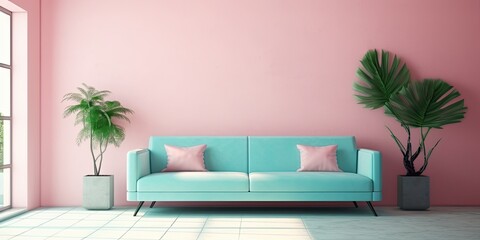 Mockup of modern apartment with pink walls and a soft green sofa. Generative AI