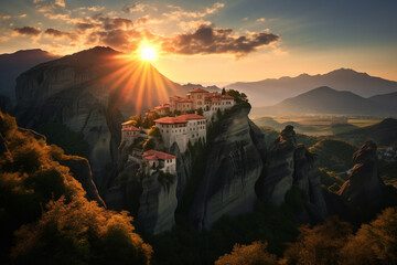 Monastery located on a high rock in the style of Meteora, Greece, created using AI generative technology  