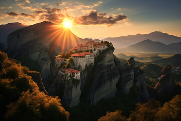 Fototapeta premium Monastery located on a high rock in the style of Meteora, Greece, created using AI generative technology 