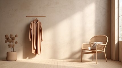 Mockup of a minimalist flat wall inside with clothes on a chair. Background with earthy neutral tones. Light and airy interior with a wooden floor Generative AI