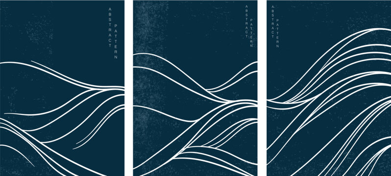 Japanese wave pattern with abstract art background vector. Water surface and ocean elements template in vintage style.