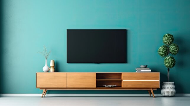 Modern living room TV cabinet against a blank, cyan wall. Generative AI