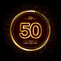 50 year anniversary logo with double line number style and gold color ring, logo vector template