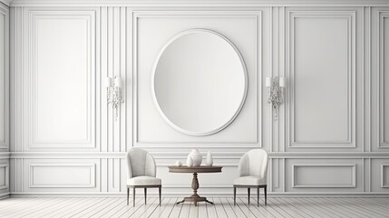 On the white paneled wall of the living room are two empty canvases. Interior with a sideboard, a table, chairs, and an oval rug on the parquet floor. a design idea for a contemporary Generative AI
