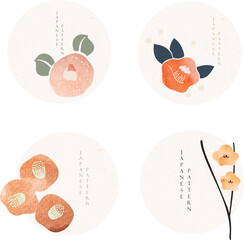 Set of flower icons in Japanese style with grunge texture vector. Colorful of floral pattern on vintage style. Logo design.