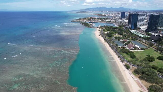 Drone view of Honolulu, Hawaii, including Kakaako, Ala Moana beach and condominiums, and Waikiki's hotels and beaches