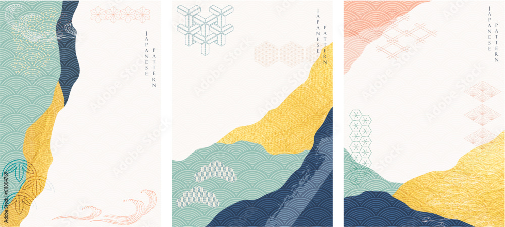 Wall mural abstract background with gold texture vector. art acrylic element with japanese wave pattern in orie