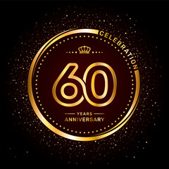 60 year anniversary logo with double line number style and gold color ring, logo vector template