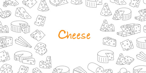 Cheeses horizontal banner. Cheeses menu design. Cheddar, camembert, brick, mozzarella, maasdam, brie, roquefort, gouda, feta and parmesan.