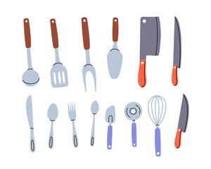 Kitchen utensils. Kitchen spoon, knife, fork, cooking whisk, pizza cutter, confectionery spatula, knife, barbecue fork, kitchen spatula, ladle.