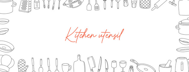 Kitchen utensils horizontal outline banner. Kitchenware and cutlery. Ceramic plates, mug, cup, wineglass, frying pan, sieve, colander, kitchen mitten.