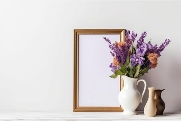 Front view of a poster frame with decorative accents, flowers, and empty copy space on a white background. Generative AI