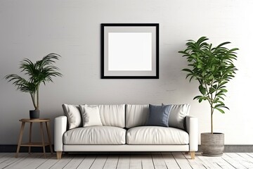 Blank picture frame on wall with minimalist modern living room background, Scandinavian-style living room mock-up Generative AI