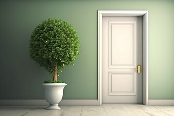 View of the room's green wall and closed white door. Design banner Generative AI