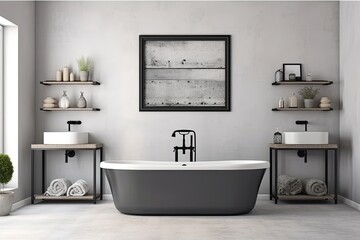Interior of a gray bathroom with a bathtub, two sinks, and a mounted mixer. View from the side. Decorative shelf with items. square canvas frame mockup, Generative AI