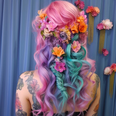 Pastel Hair with Beautiful Flowers Hairstyle Concept, AI