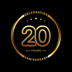 20th anniversary logo with double line number style and gold color ring, logo vector template