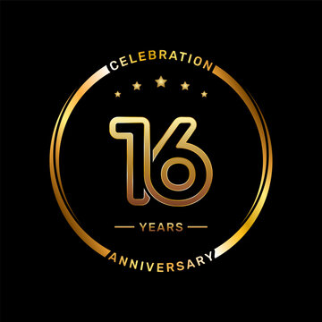 16th anniversary logo with double line number style and gold color ring, logo vector template