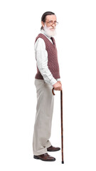 Senior man with walking cane on white background