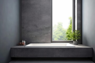 A gray bathroom with a concrete floor and a white bathtub with a sizable gray towel hanging from it. Above it is a window. corner planter with a potted plant. a mockup Generative AI