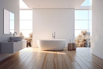 Interior of a minimalist bathroom including a white bathtub, tall windows, white walls, and a hardwood floor. a top view Generative AI