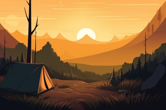 illustration of a campig tent on the mountain forest at sunrise or sunset, cosy scene of hiking and camp on the nature, summer trip to the lake, generative AI