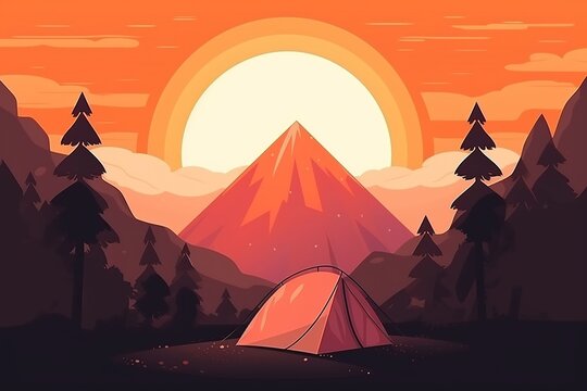 illustration of a campig tent on the mountain forest at sunrise or sunset, cosy scene of hiking and camp on the nature, summer trip to the lake, generative AI