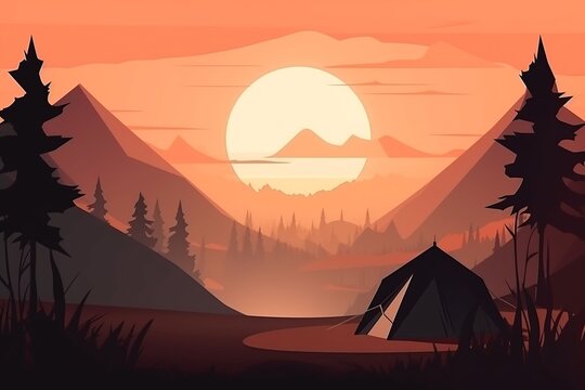illustration of a campig tent on the mountain forest at sunrise or sunset, cosy scene of hiking and camp on the nature, summer trip to the lake, generative AI