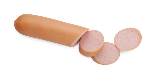 Cut fresh sausage on white background. Meat product