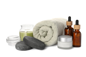 Obraz na płótnie Canvas Beautiful spa composition with different care products and candle on white background