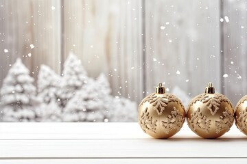Christmas tree decorations on a wooden shelf with copy space on a white wall background. Generative AI