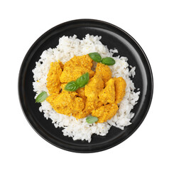 Delicious rice and chicken with curry sauce isolated on white, top view