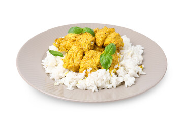 Delicious rice and chicken with curry sauce isolated on white