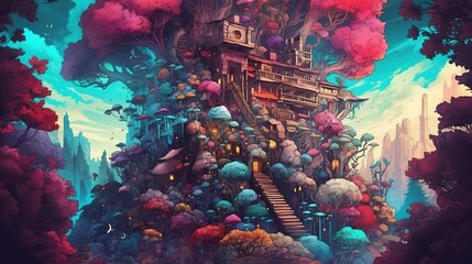 A giant tree with houses in the middle of a surreal garden. Fantasy concept , Illustration painting. Generative Ai