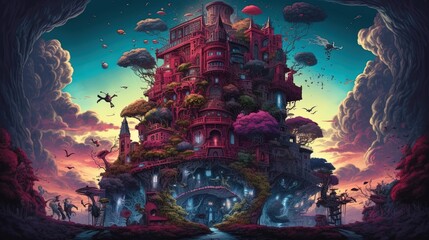 A giant tree with houses in the middle of a surreal garden. Fantasy concept , Illustration painting. Generative Ai