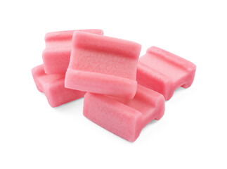 Many tasty pink chewing gums on white background